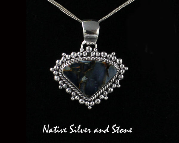 Z Artie Yellowhorse - Navajo<br>PPTBB<br>1-5/16"  Pendant<br>Single Twist & Burst Bead/Scatterdot<br>Small Horizontal Triangle<br>19mm x 28mm Pietersite/Pietercite<br>Blue-Gold-Grey Dominant<br>Sterling Silver-1