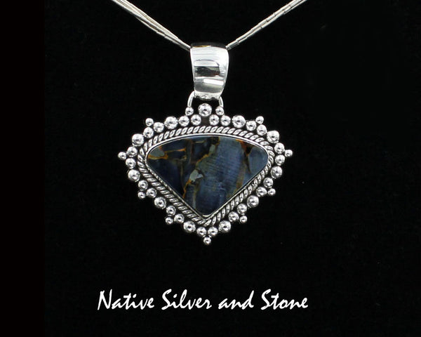 Z Artie Yellowhorse - Navajo<br>PPTBB<br>1-5/16"  Pendant<br>Single Twist & Burst Bead/Scatterdot<br>Small Horizontal Triangle<br>19mm x 28mm Pietersite/Pietercite<br>Blue-Gold-Grey Dominant<br>Sterling Silver-1