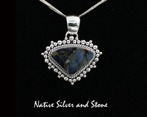 Z Artie Yellowhorse - Navajo<br>PPTBB<br>1-5/16"  Pendant<br>Single Twist & Burst Bead/Scatterdot<br>Small Horizontal Triangle<br>19mm x 28mm Pietersite/Pietercite<br>Blue-Gold-Grey Dominant<br>Sterling Silver-1
