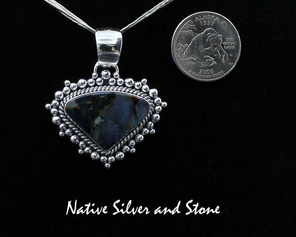 Z Artie Yellowhorse - Navajo<br>PPTBB<br>1-5/16"  Pendant<br>Single Twist & Burst Bead/Scatterdot<br>Small Horizontal Triangle<br>19mm x 28mm Pietersite/Pietercite<br>Blue-Gold-Grey Dominant<br>Sterling Silver-1