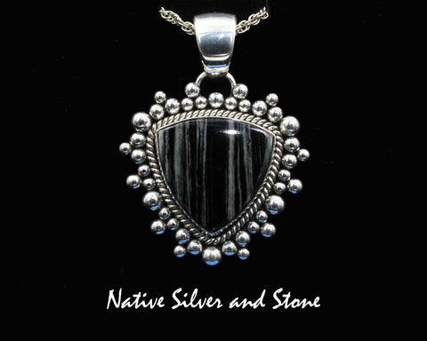 Artie Yellowhorse - Navajo<br>1-1/2" Pendant<br>24mm x 24mm Zebra Jasper<br>Vertical Sharp Shield/Triangle<br>Single Twist &<br>Burst Beads/Scatterdot<br>Sterling Silver