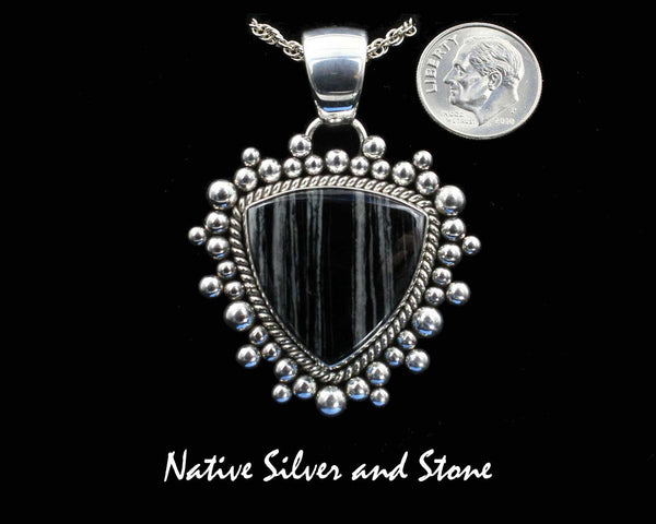Artie Yellowhorse - Navajo<br>1-1/2" Pendant<br>24mm x 24mm Zebra Jasper<br>Vertical Sharp Shield/Triangle<br>Single Twist &<br>Burst Beads/Scatterdot<br>Sterling Silver
