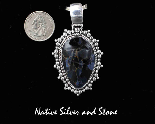 Artie Yellowhorse - Navajo<br>PPTBB<br>2-3/16"  Pendant<br>Pietersite/Pietercite - Blue<br>Large Vertical Freeform<br>Single Twist - Burst Beads<br>Sterling Silver