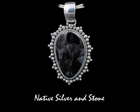 Artie Yellowhorse - Navajo<br>PPTBB<br>2-3/16"  Pendant<br>Pietersite/Pietercite - Blue<br>Large Vertical Freeform<br>Single Twist - Burst Beads<br>Sterling Silver