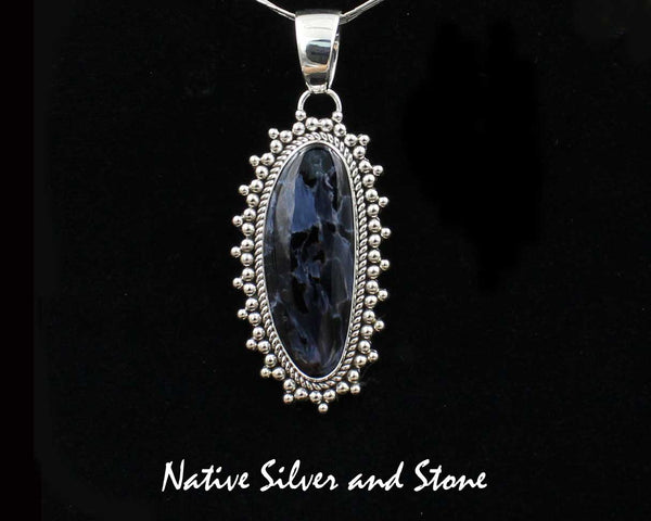 Z Artie Yellowhorse - Navajo<br>2-5/16"  Pendant<br>Pietersite/Pietercite - Blue<br>Large Vertical Freeform<br>Single Twist - Burst Beads<br>Sterling Silver