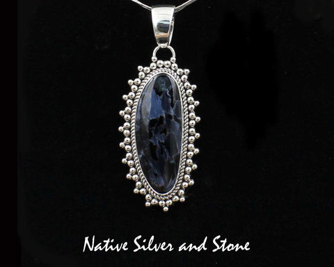 Z Artie Yellowhorse - Navajo<br>2-5/16"  Pendant<br>Pietersite/Pietercite - Blue<br>Large Vertical Freeform<br>Single Twist - Burst Beads<br>Sterling Silver