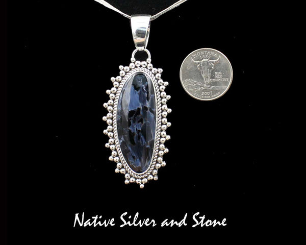 Z Artie Yellowhorse - Navajo<br>2-5/16"  Pendant<br>Pietersite/Pietercite - Blue<br>Large Vertical Freeform<br>Single Twist - Burst Beads<br>Sterling Silver