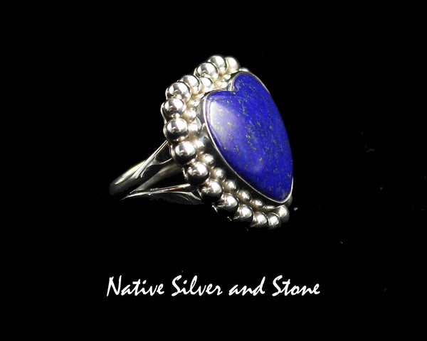 Artie Yellowhorse - Navajo<br>RGLSB<br>1" Ring<br>18mm Lapis Lazuli<br>Heart<br>Single Bead<br>Sterling Silver<br>Size 7