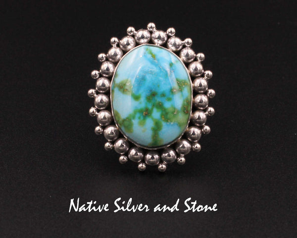 Artie Yellowhorse - Navajo<br>RGTMB<br>1-3/8" Ring<br>24mm x 18mm Large Oval<br>Kingman Turquoise<br>Burst Bead <br>Sterling Silver<br> Size 7