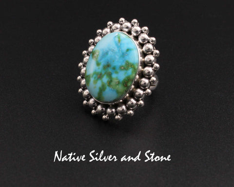 Artie Yellowhorse - Navajo<br>RGTMB<br>1-3/8" Ring<br>24mm x 18mm Large Oval<br>Kingman Turquoise<br>Burst Bead <br>Sterling Silver<br> Size 7