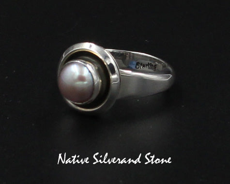 Artie Yellowhorse - Navajo<br>1/2" Ring <br>Shadowbox<br>8mm Grey Pearl<br>Sterling Silver<br> Sizes 7, 8