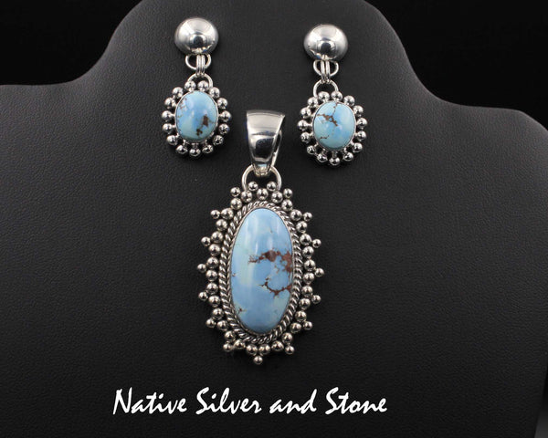 Z Artie Yellowhorse - Navajo<br>Set - Golden Hill Turquoise<br>Pendant Oval-Large &<br>Earrings-Dangle Post<br>Ovals-Small<br>Sterling Silver
