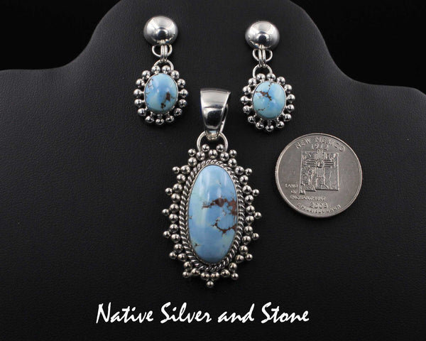 Z Artie Yellowhorse - Navajo<br>Set - Golden Hill Turquoise<br>Pendant Oval-Large &<br>Earrings-Dangle Post<br>Ovals-Small<br>Sterling Silver