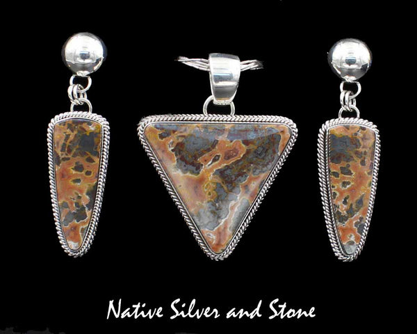 Artie Yellowhorse - Navajo<br>Set - Moroccan Agate-Metallic<br>Pendant & Earrings (DanglePost)<br>Triangles<br>Sterling Silver