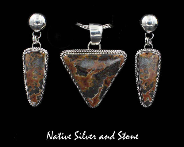 Artie Yellowhorse - Navajo<br>Set - Moroccan Agate-Metallic<br>Pendant & Earrings (DanglePost)<br>Triangles<br>Sterling Silver