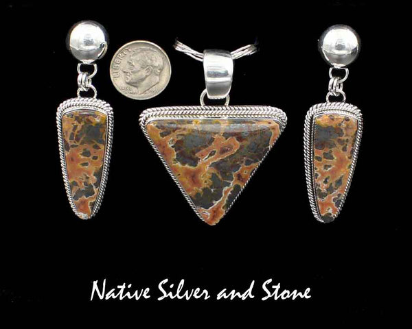 Artie Yellowhorse - Navajo<br>Set - Moroccan Agate-Metallic<br>Pendant & Earrings (DanglePost)<br>Triangles<br>Sterling Silver