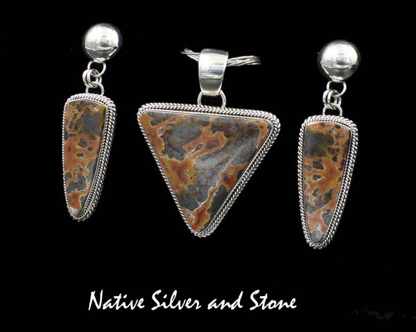 Artie Yellowhorse - Navajo<br>Set - Moroccan Agate-Metallic<br>Pendant & Earrings (DanglePost)<br>Triangles<br>Sterling Silver