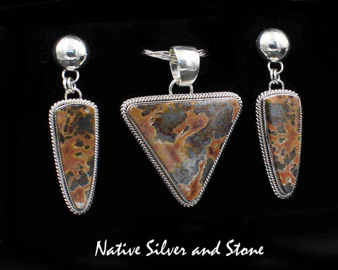 Artie Yellowhorse - Navajo<br>Set - Moroccan Agate-Metallic<br>Pendant & Earrings (DanglePost)<br>Triangles<br>Sterling Silver