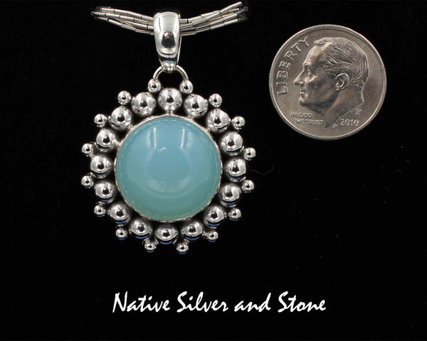 Z Artie Yellowhorse - Navajo<br>1-1/16"  Pendant<br>16mm Chalcedony Round<br>Frosted Green<br>Burst-Bead<br>Sterling Silver