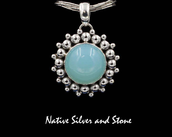 Z Artie Yellowhorse - Navajo<br>1-1/16"  Pendant<br>16mm Chalcedony Round<br>Frosted Green<br>Burst-Bead<br>Sterling Silver