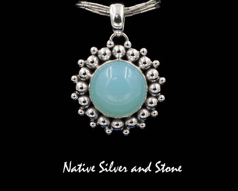 Z Artie Yellowhorse - Navajo<br>1-1/16"  Pendant<br>16mm Chalcedony Round<br>Frosted Green<br>Burst-Bead<br>Sterling Silver