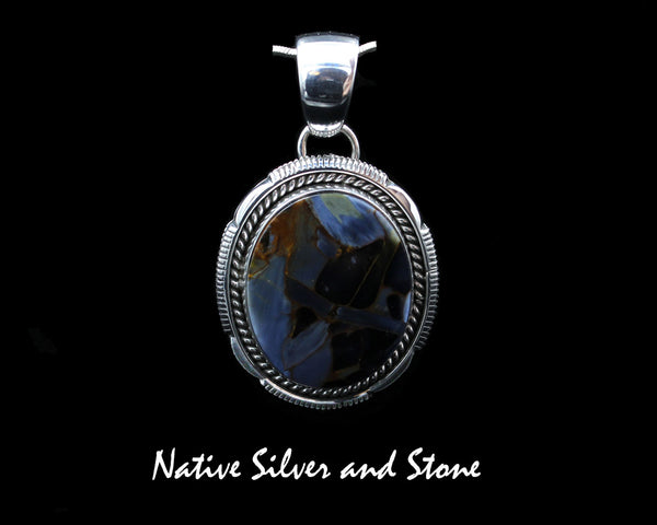 Z Artie Yellowhorse - Navajo<br>1-1/2" Large Oval<br>Pietersite/Pietercite Pendant<br>Blue-Grey Dominant<br>Twistwire & Single Sawcut<br>Sterling Silver