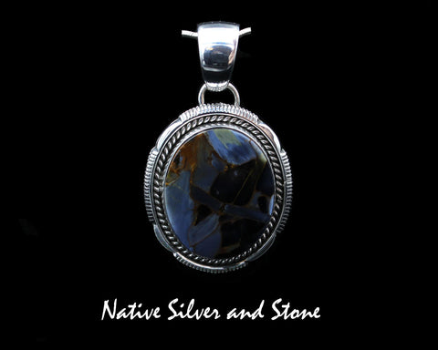 Z Artie Yellowhorse - Navajo<br>1-1/2" Large Oval<br>Pietersite/Pietercite Pendant<br>Blue-Grey Dominant<br>Twistwire & Single Sawcut<br>Sterling Silver