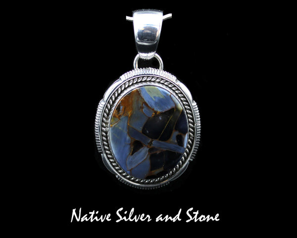 Z Artie Yellowhorse - Navajo<br>1-1/2" Large Oval<br>Pietersite/Pietercite Pendant<br>Blue-Grey Dominant<br>Twistwire & Single Sawcut<br>Sterling Silver