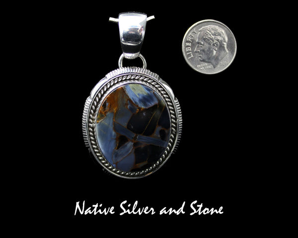 Z Artie Yellowhorse - Navajo<br>1-1/2" Large Oval<br>Pietersite/Pietercite Pendant<br>Blue-Grey Dominant<br>Twistwire & Single Sawcut<br>Sterling Silver