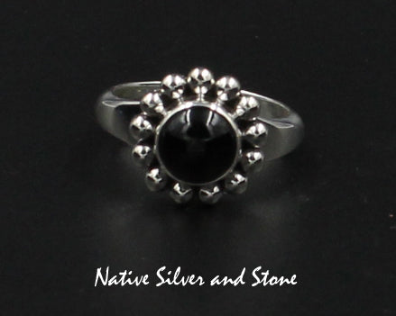 Artie Yellowhorse - Navajo<br>9/16" Ring<br>8mm Onyx<br>Round<br>Single Bead<br>Sterling Silver<br>Sizes 7.5, 7.75, 8