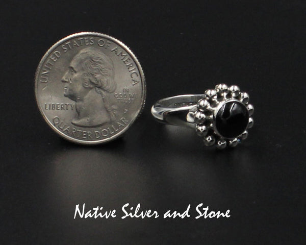 Artie Yellowhorse - Navajo<br>9/16" Ring<br>8mm Onyx<br>Round<br>Single Bead<br>Sterling Silver<br>Sizes 7.5, 7.75, 8