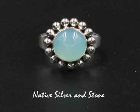 Artie Yellowhorse - Navajo<br>5/8" Ring<br>10mm Chalcedony<br>Round<br>Single Bead<br>Sterling Silver<br>Sizes 6.5, 7.25, 8