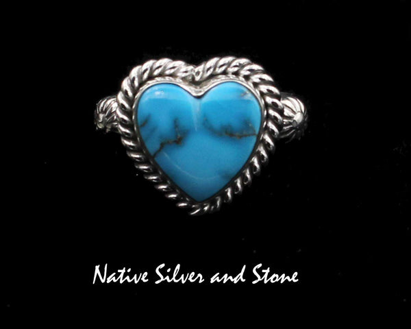 Artie Yellowhorse - Navajo<br>RGTTSHT<br>5/8" Ring<br>11mm Kingman Turquoise<br>Heart<br>Single Twist<br>Punched Shots<br>Sterling Silver<br>Size 7