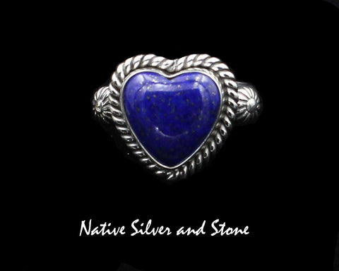 Z Artie Yellowhorse - Navajo<br>5/8" Ring<br>11mm Lapis Heart<br>Single Twist<br>Punched Shots<br>Sterling Silver<br>Size 7