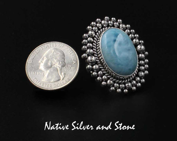 Z Artie Yellowhorse - Navajo<br>1-7/16"H Ring<br>23mm x 17mm Larimar Vertical Oval<br>Twist & Double Offset Beads<br>Sterling Silver<br>Size 7