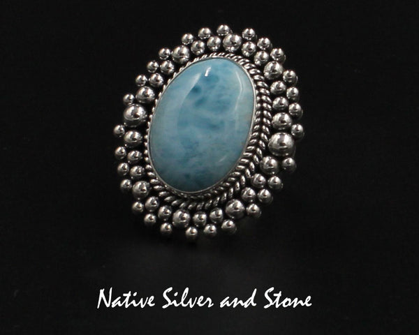 Z Artie Yellowhorse - Navajo<br>1-7/16"H Ring<br>23mm x 17mm Larimar Vertical Oval<br>Twist & Double Offset Beads<br>Sterling Silver<br>Size 7