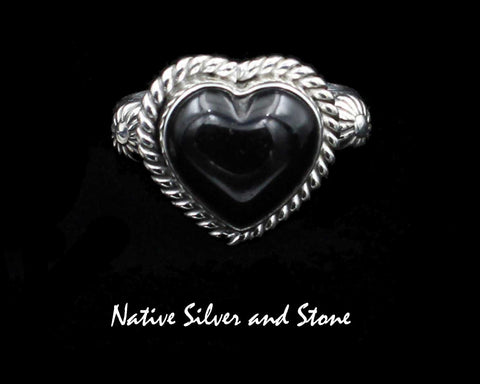 Artie Yellowhorse - Navajo<br>5/8" Ring<br>11mm Onyx Heart<br>Single Twist<br>Punched Shots<br>Sterling Silver<br>Size 7