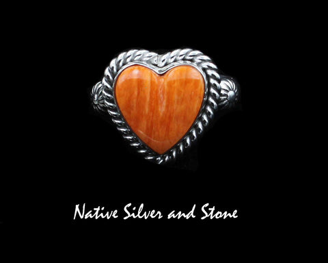 Artie Yellowhorse - Navajo<br>5/8" Ring<br>11mm Orange Spiny Heart<br>Single Twist<br>Punched Shots<br>Sterling Silver<br>Size 8