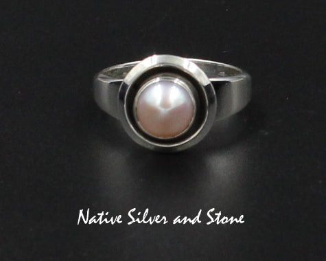 Artie Yellowhorse - Navajo<br>RPCSH<br>1/2" Ring <br>Shadowbox<br>8mm Champagne/Blush Pearl<br>Sterling Silver<br> Sizes 7, & 7.25
