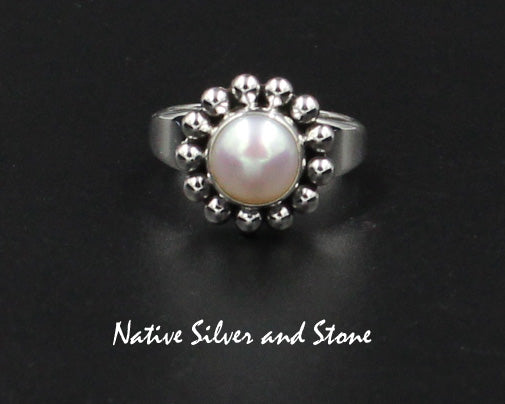 Artie Yellowhorse - Navajo<br>9/16" Ring<br>RPCSB<br>8mm Champagne/Blush<br>Freshwater Pearl<br>Single Bead<br>Sterling Silver<br>Sizes 7 & 7-1/2