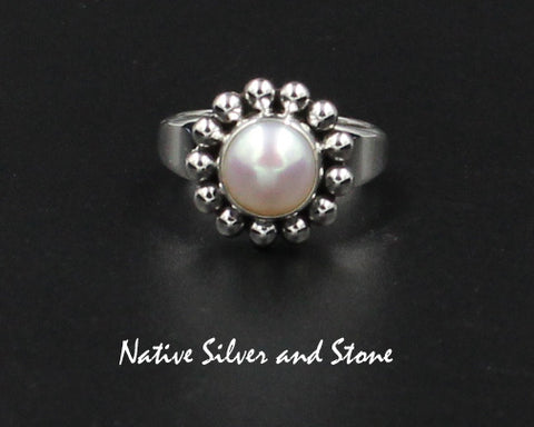 Artie Yellowhorse - Navajo<br>9/16" Ring<br>RPCSB<br>8mm Champagne/Blush<br>Freshwater Pearl<br>Single Bead<br>Sterling Silver<br>Sizes 7 & 7-1/2