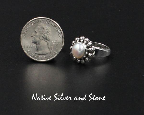 Artie Yellowhorse - Navajo<br>9/16" Ring<br>RPCSB<br>8mm Champagne/Blush<br>Freshwater Pearl<br>Single Bead<br>Sterling Silver<br>Sizes 7 & 7-1/2