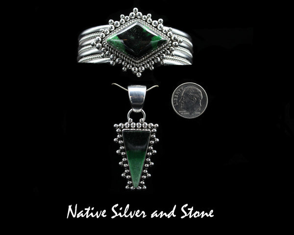 Artie Yellowhorse - Navajo<br>Green Garnet<br>SET<br>Cuff Bracelet - Diamond Design<br>Pendant -Triangle<br>Sterling Silver