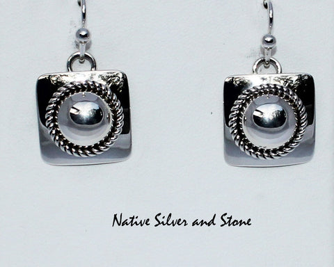 Z Artie Yellowhorse - Navajo Jewelry<br>Earrings - Shepherd's Hook<br>5/8" Small Domed Squares<br>Twist-wire Perimeter<br>in Sterling All-Silver