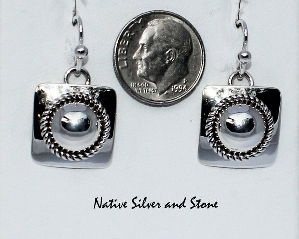 Z Artie Yellowhorse - Navajo Jewelry<br>Earrings - Shepherd's Hook<br>5/8" Small Domed Squares<br>Twist-wire Perimeter<br>in Sterling All-Silver