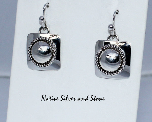 Z Artie Yellowhorse - Navajo Jewelry<br>Earrings - Shepherd's Hook<br>5/8" Small Domed Squares<br>Twist-wire Perimeter<br>in Sterling All-Silver