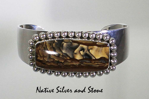 Z Artie Yellowhorse - Navajo Jewelry<br>Handmade Bracelet Cuff<br>Deschutes Picture Jasper<br>Sterling Silver Beaded Perimeter<br>Size 6-1/2 (Medium)