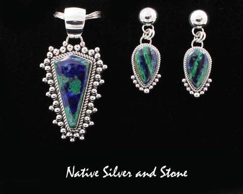 Z *Artie Yellowhorse - Navajo<br>Set - Azurite<br>Pendant - Freeform Shield<br>& Earrings-Dangle Post<br>Sterling Silver