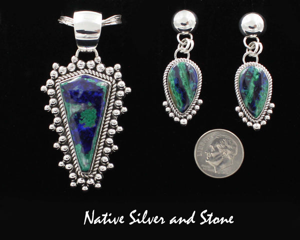 Z *Artie Yellowhorse - Navajo<br>Set - Azurite<br>Pendant - Freeform Shield<br>& Earrings-Dangle Post<br>Sterling Silver