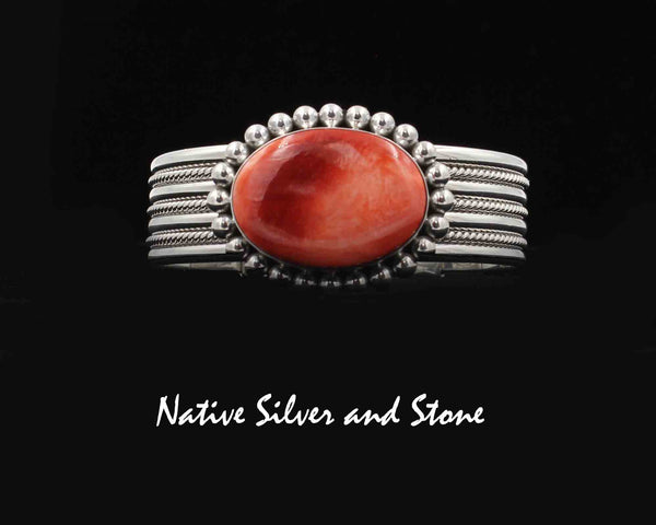 Z *Artie Yellowhorse - Navajo<br>3/4" Bracelet Cuff<br>3 Twist & Rail Band<br>29mm x 21mm Red/Orange Spiny Oval<br>Single Bead<br>Sterling Silver<br>Size 6-3/8 Medium (adjustable)
